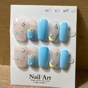 Press On Nails Medium Blue Floral Flower Nail Art Fake Nails